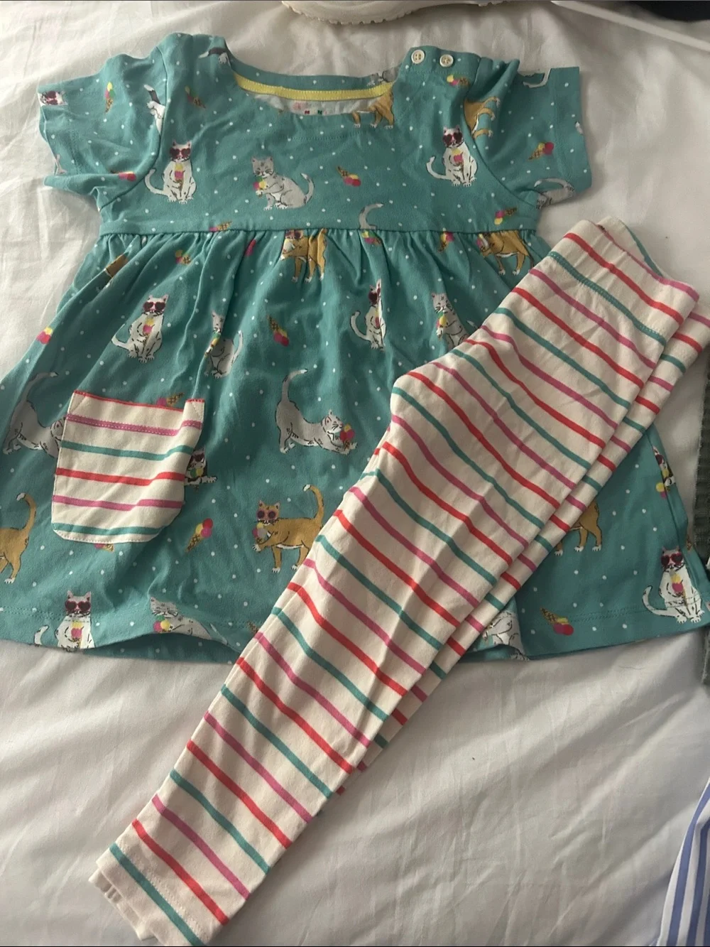 Mini Boden Teal Cat-Print Pajama Set with Cream Multi-Striped Leggings